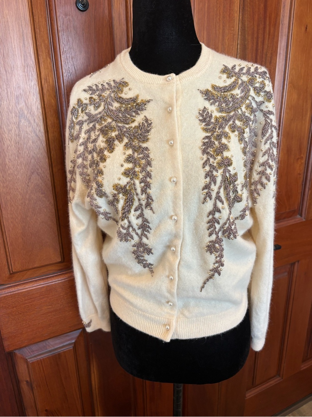 Jamie Vintage Ivory Angora Lambswool Blend Beaded Pearl Cardigan Sweater Vintage